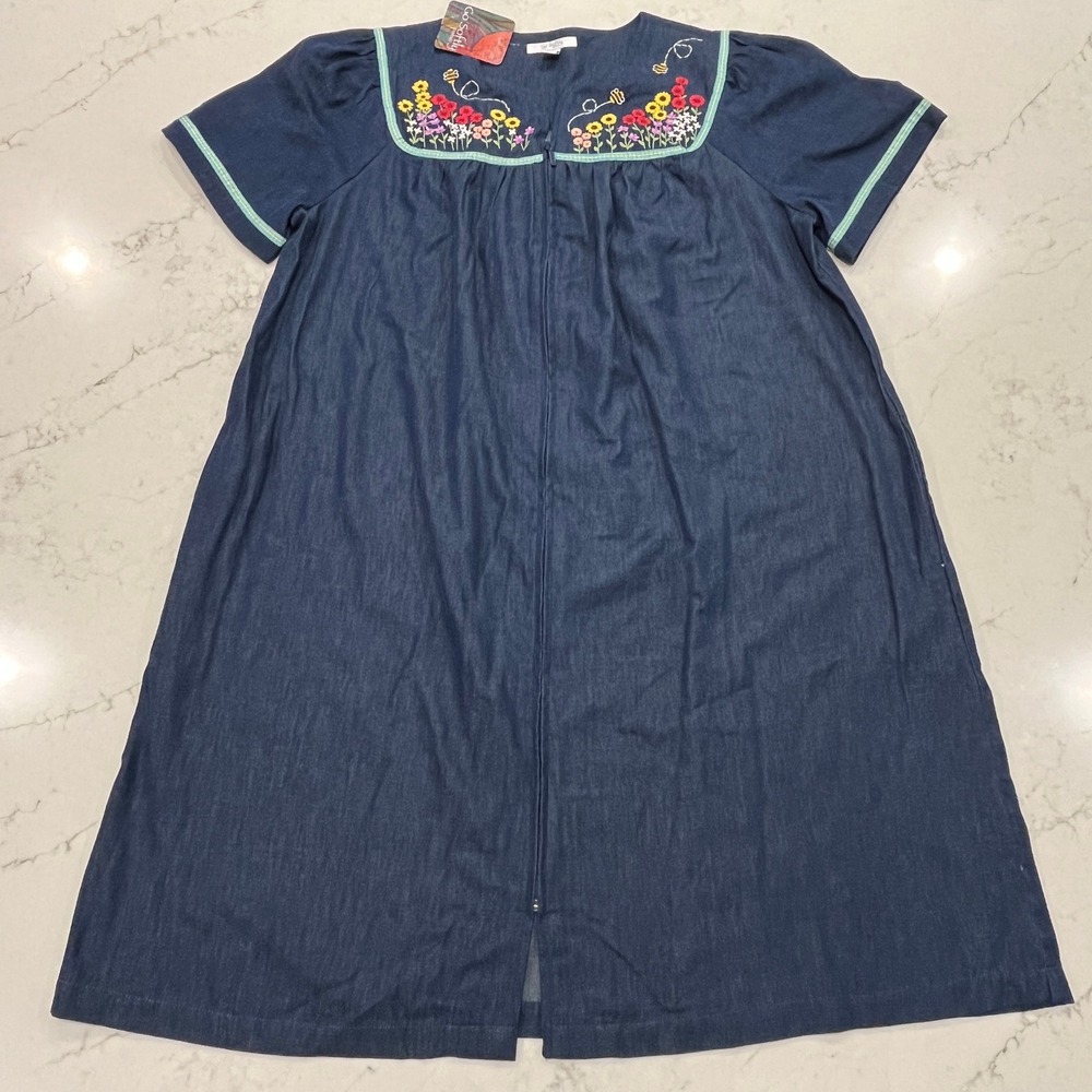 Go Softly NEW Cotton Chambray Patio House L Dress Muumuu Embroidered Floral Bee